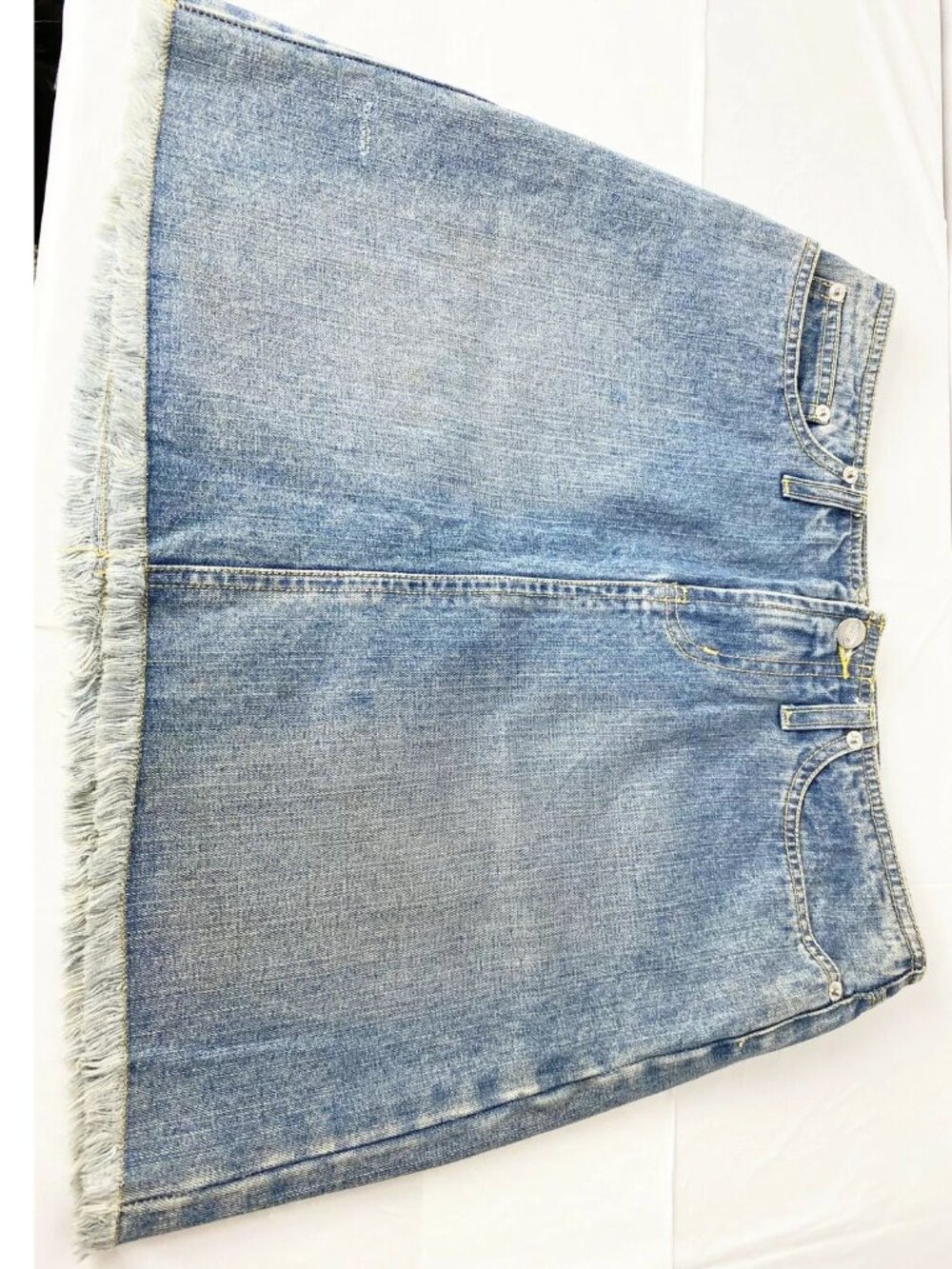 Vintage Bongo Denim Mini Skirt Sz 5 (30") Raw Hem Faded Rare! Light Wash GUC